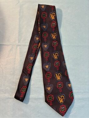 MOSCHINO Navy Silk Tie with Colorful Tree & Heart Motif ‘Love’ Italy